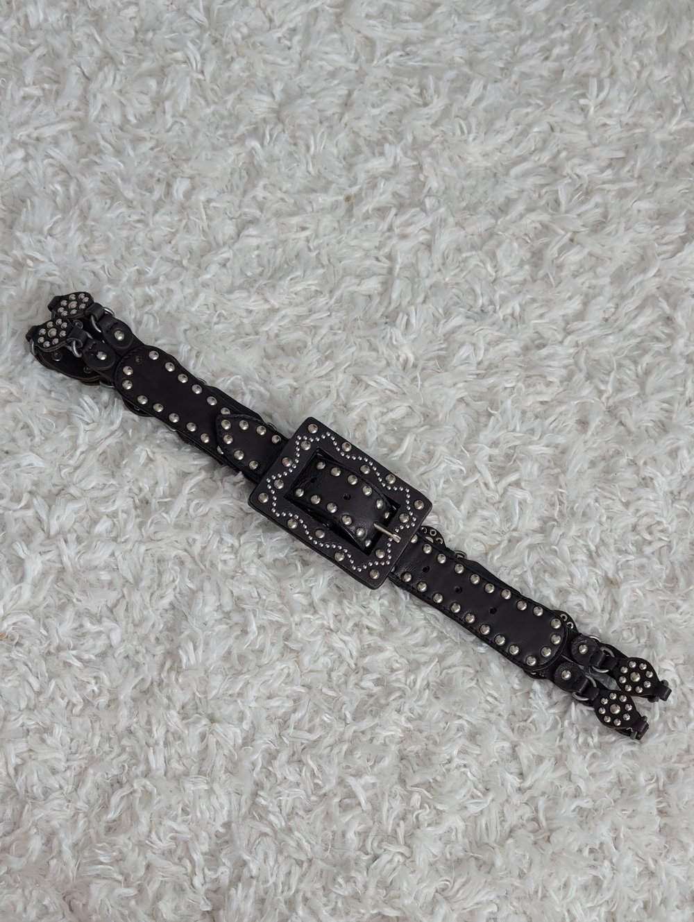 Free People Black Studded Leather Waist Belt with Decorative Buckle